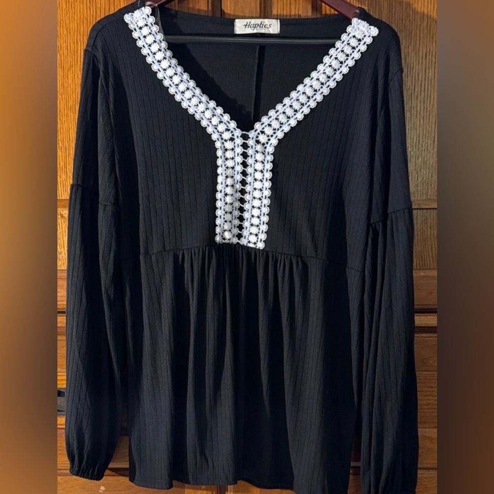 Haptics by Holly Harper Babydoll Top Lace Neck Boho Peasant Ribbed Oversize Goth